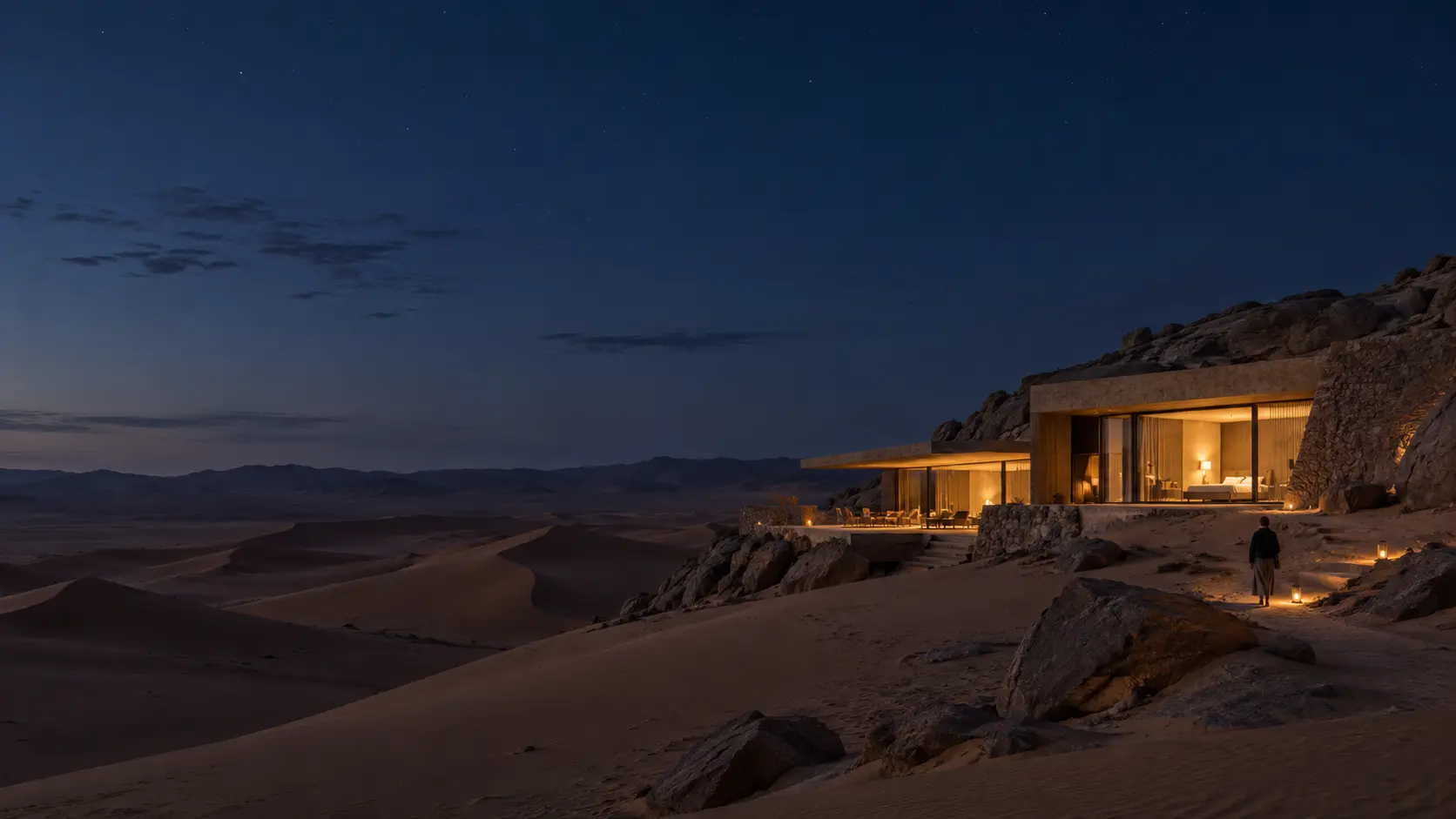 Remote desert retreat at blue hour